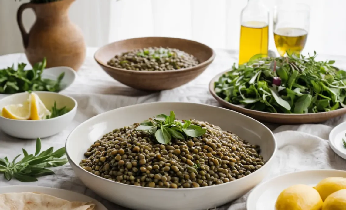 "Single plate presentation of French lentil salad garnished with parsley and served with a lemon wedge on a modern white plate."