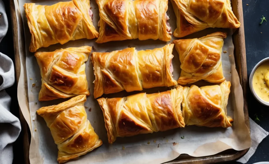 Homemade puff pastry fresh out of the oven, golden and flaky with layers of buttery goodness.