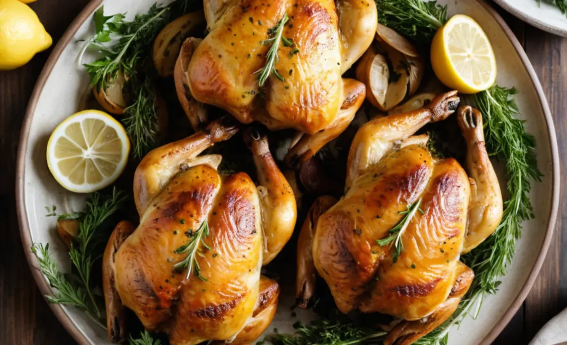 Golden-brown roasted Cornish hens with garlic, warming spices, and crispy skin served with lemon wedges and fresh herbs.