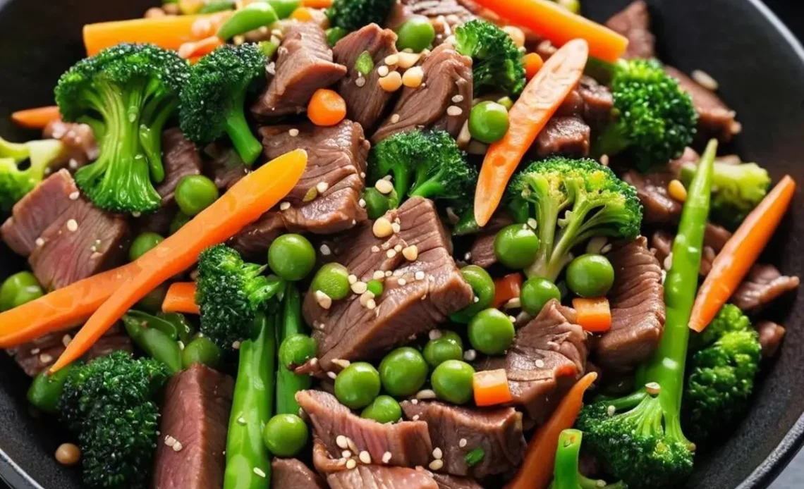 Mongolian shaved beef stir-fry with vegetables and rice, a quick and flavorful meal idea using shaved beef.