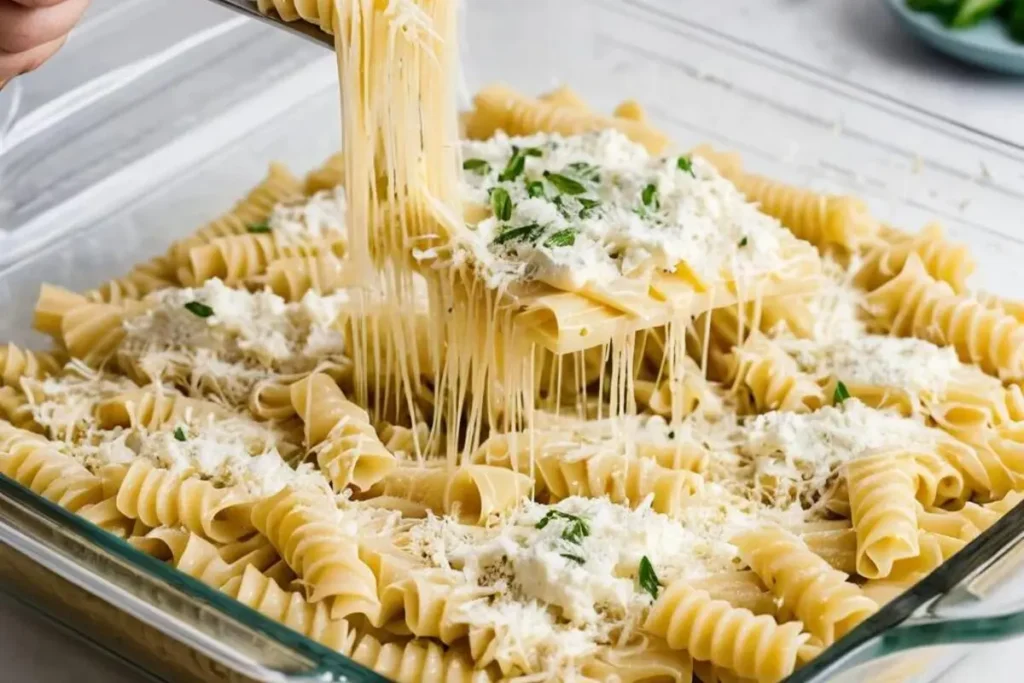 A plate of delicious meatless baked ziti with melted cheese and marinara sauce.