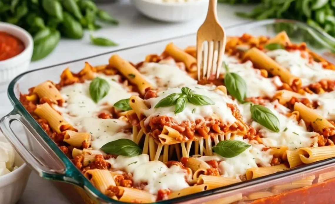 A plate of delicious meatless baked ziti with melted cheese and marinara sauce.