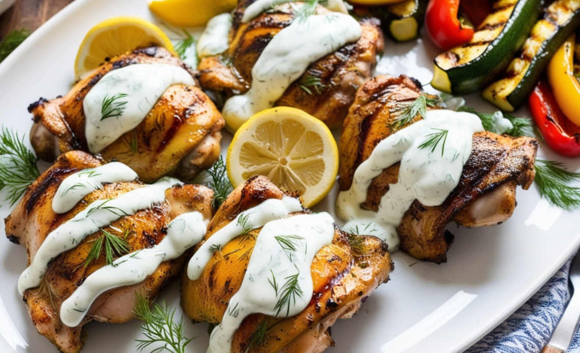 Mediterranean Grilled Chicken Thighs served with dill yogurt sauce on a platter