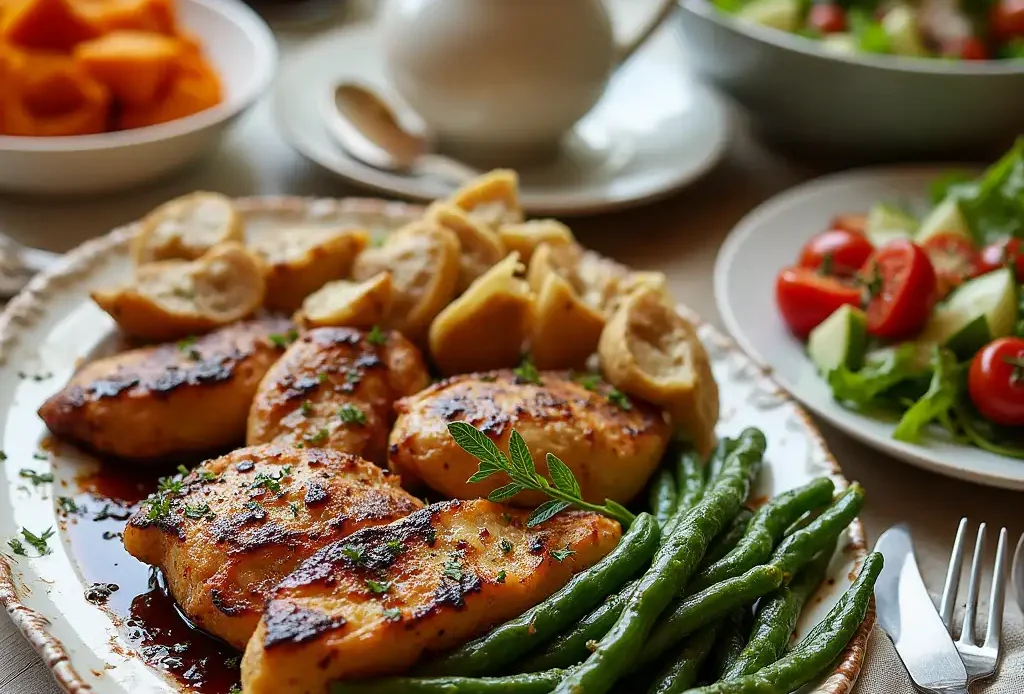Juicy baked balsamic chicken garnished with fresh rosemary on a white plate
