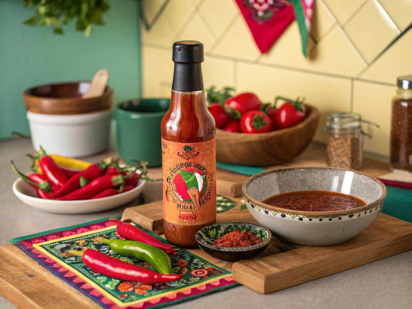 Homemade Valentina sauce with chili peppers and spices.