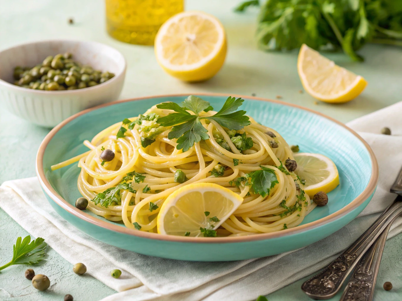 Delicious lemon pasta with fresh lemon zest and parsley.