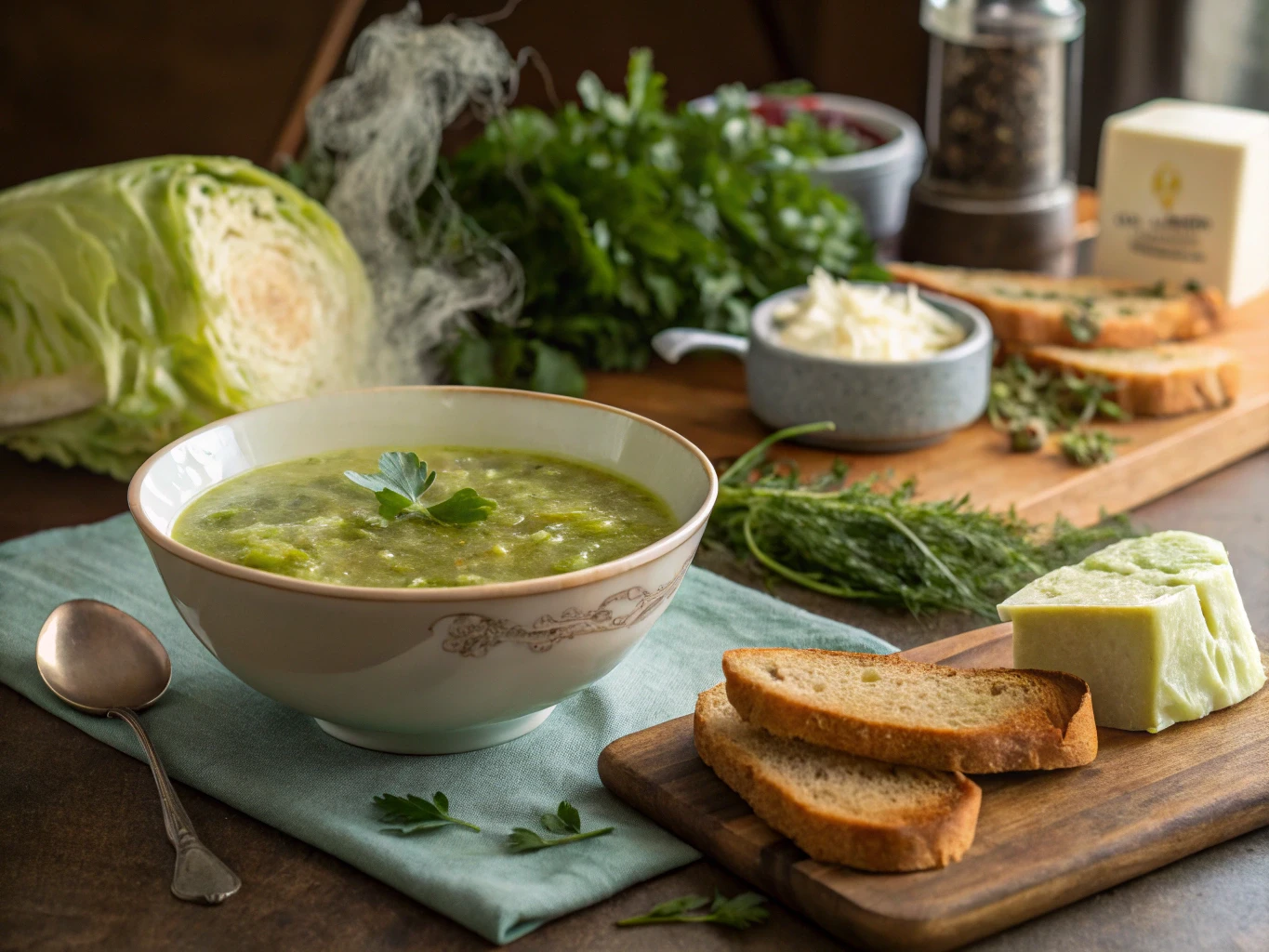 A bowl of cabbage soup with fresh herbs and toast