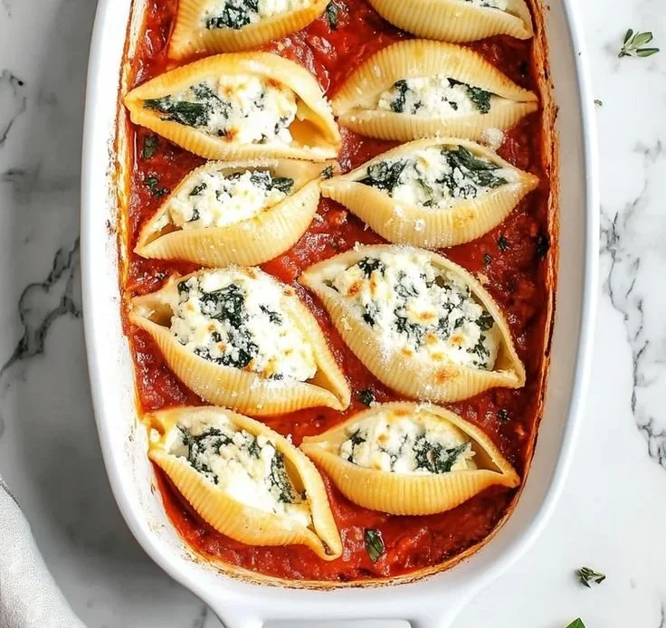 Delicious Christmas stuffed shells topped with marinara sauce and cheese
