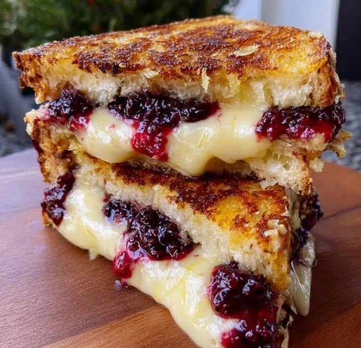 Brie and blackberry jam grilled cheese sandwich with melted cheese