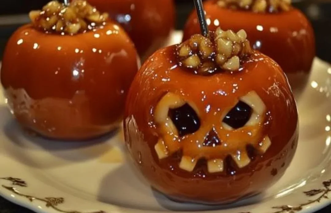 Colorful candied apples on a table, perfect for Halloween treats.