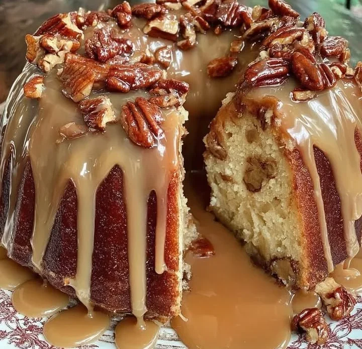 Caramel pound cake with caramelized pecans on a dessert plate.
