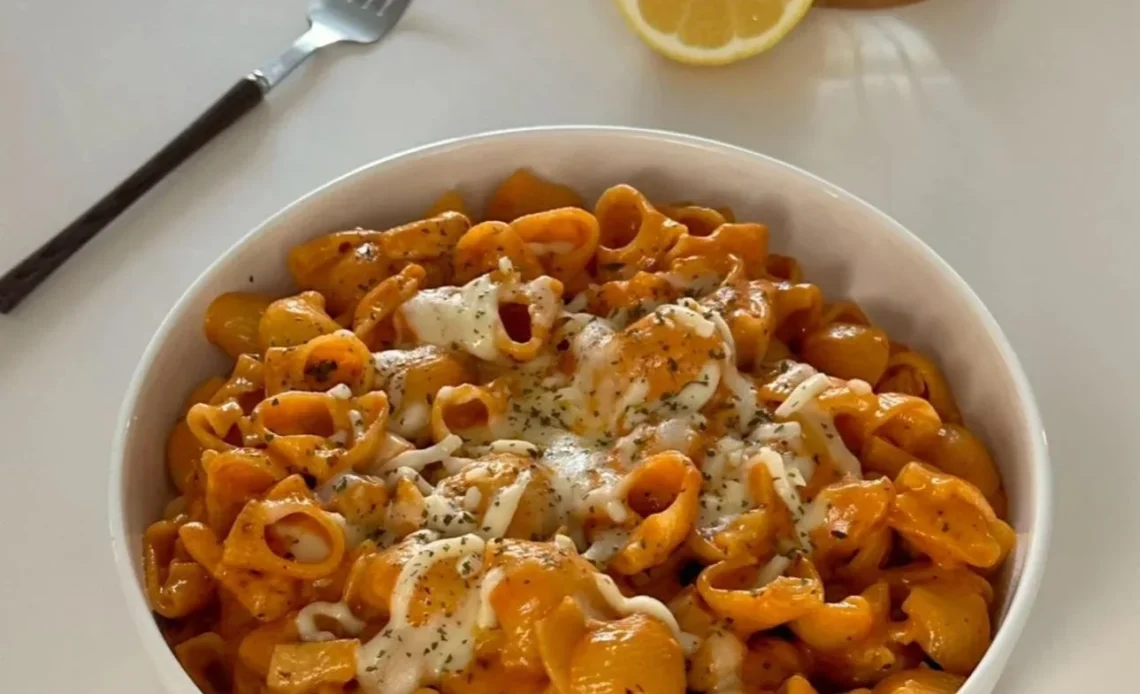Delicious cheesy chicken pasta served in a bowl with cheese melting on top.