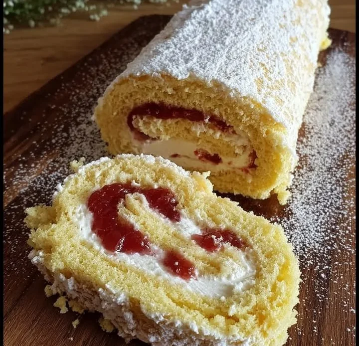 Delicious childhood sponge roll filled with rhubarb jam on a plate