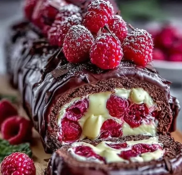 Rich chocolate raspberry roll cake with a creamy filling and fresh raspberries