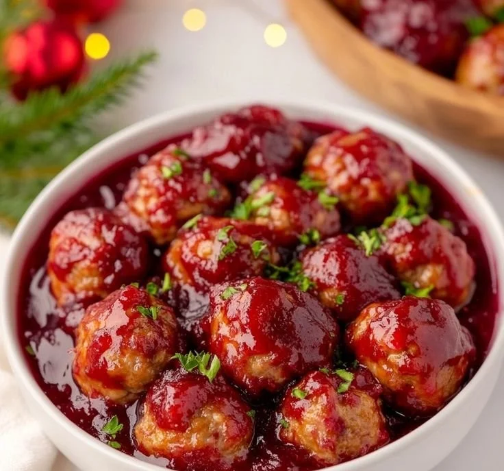 Plate of Christmas Cranberry Meatballs garnished with herbs and served in a festive bowl