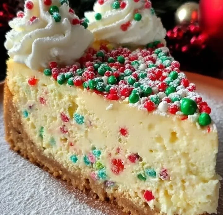 Delicious Christmas sugar cookie cheesecake topped with festive decorations.