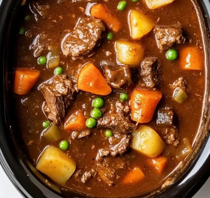 Delicious crockpot beef stew with vegetables in a bowl