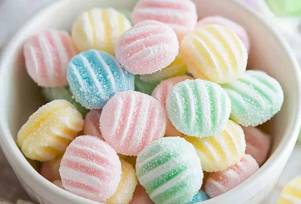 Homemade cream cheese mints on a decorative plate