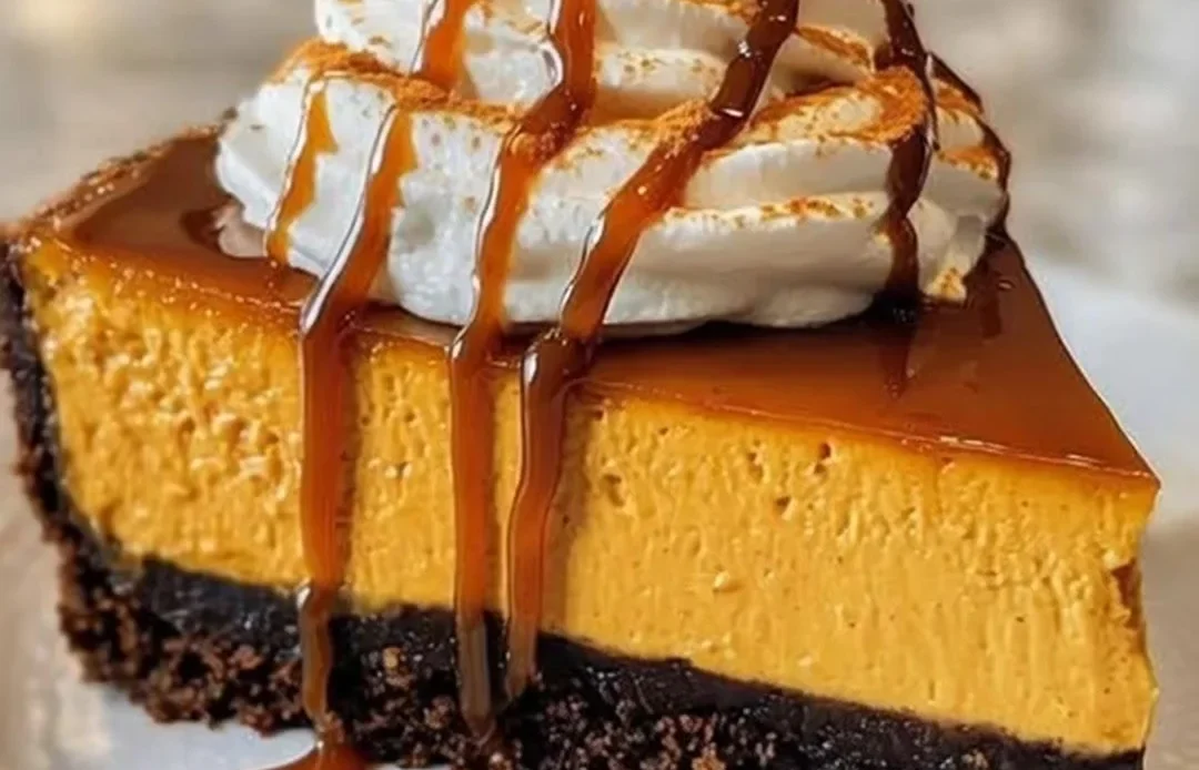 Creamy pumpkin cheesecake with a pecan gingersnap crust on a plate