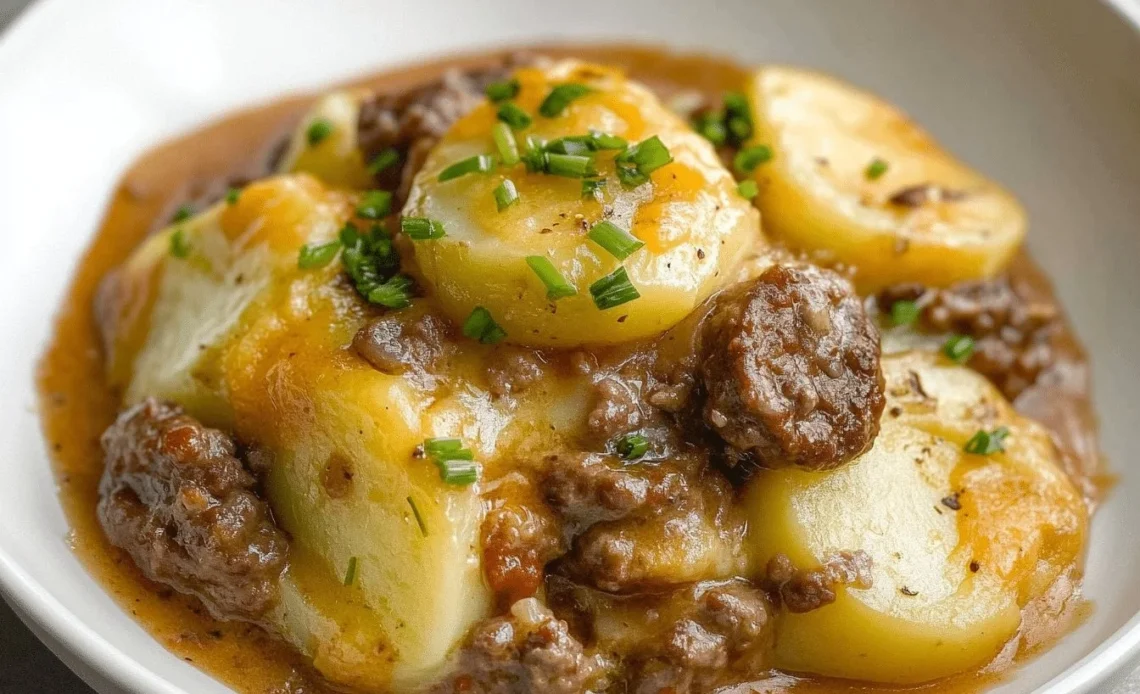 Crockpot Hamburger Potato Casserole served in a bowl