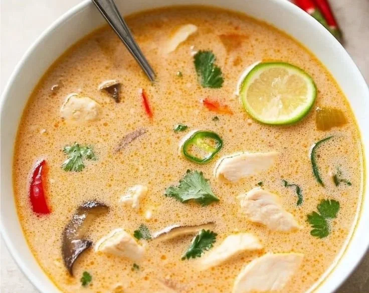 Crockpot Thai Coconut Chicken Soup garnished with fresh herbs in a bowl