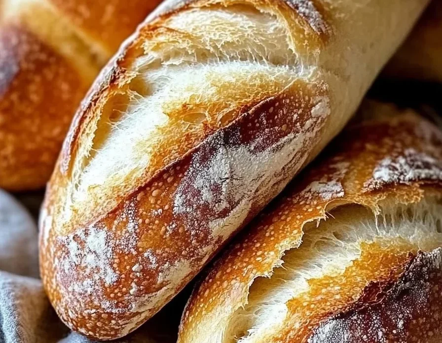 Freshly baked crusty chewy French bread rolls with soft interiors.