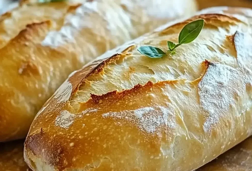 Freshly baked crusty Italian bread loaf on a rustic wooden table