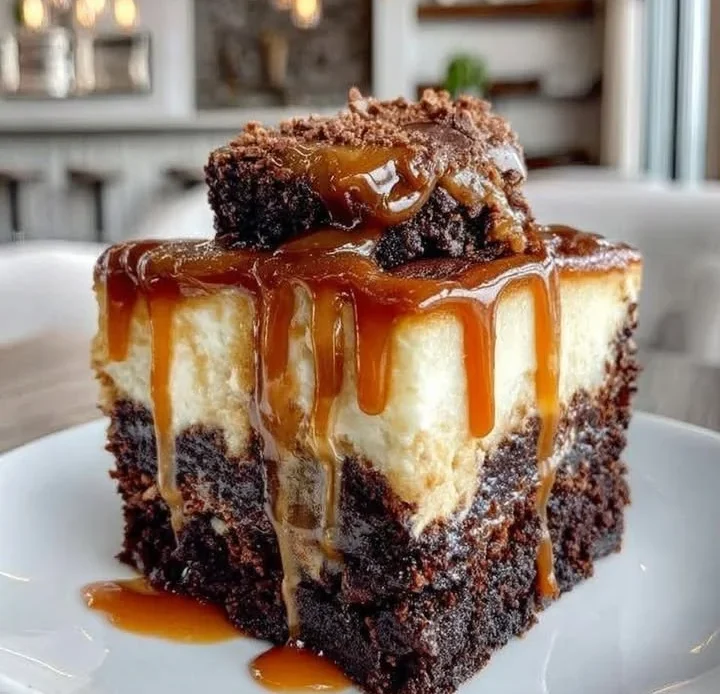 Decadent caramel brownie cheesecake topped with drizzled caramel sauce