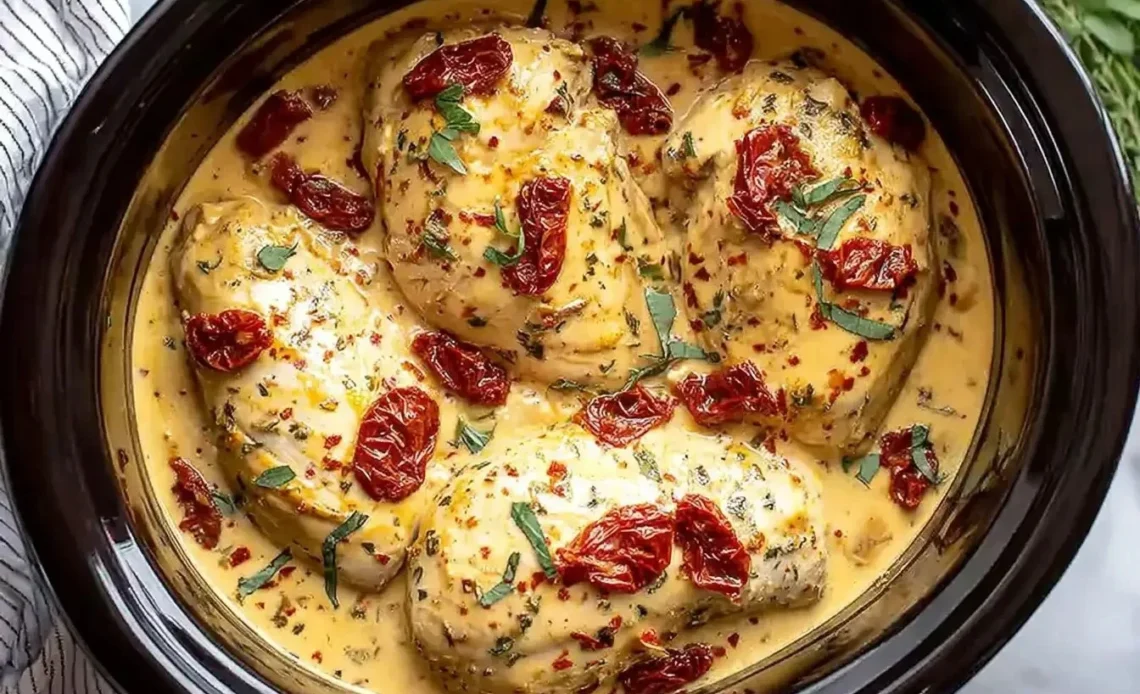 Delicious Dump and Go Crockpot Marry Me Chicken served on a plate