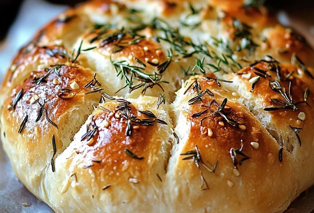 Loaf of roasted garlic rosemary artisan bread fresh from the oven