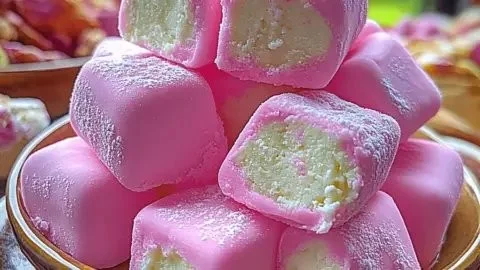 Delicious fluffy cotton candy fudge cut into squares on a pastel background