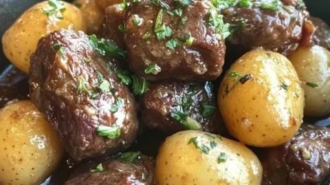 Delicious Garlic Butter Beef Bites served with seasoned potatoes