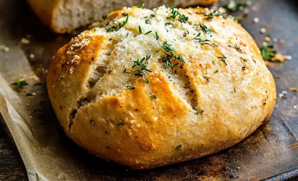 Homemade Garlic Parmesan Herb Bread served with herbs and cheese