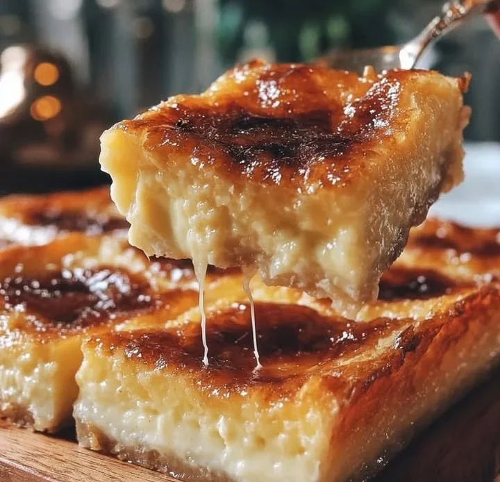 Golden rhubarb crème brûlée bars topped with caramelized sugar crust.