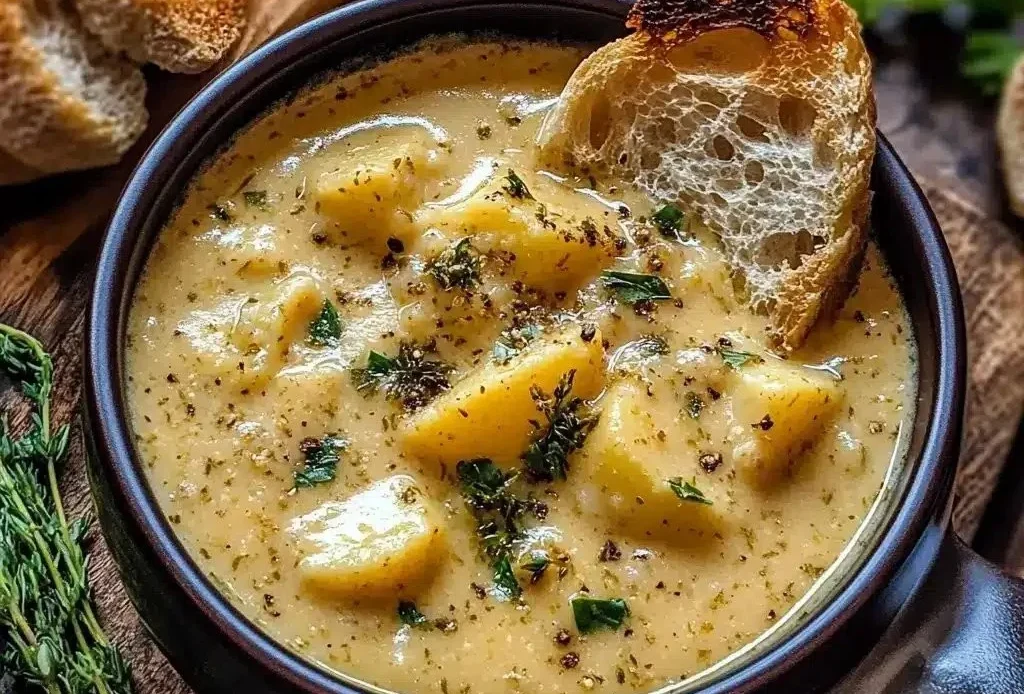 Bowl of hearty cheddar garlic herb potato soup topped with fresh herbs.