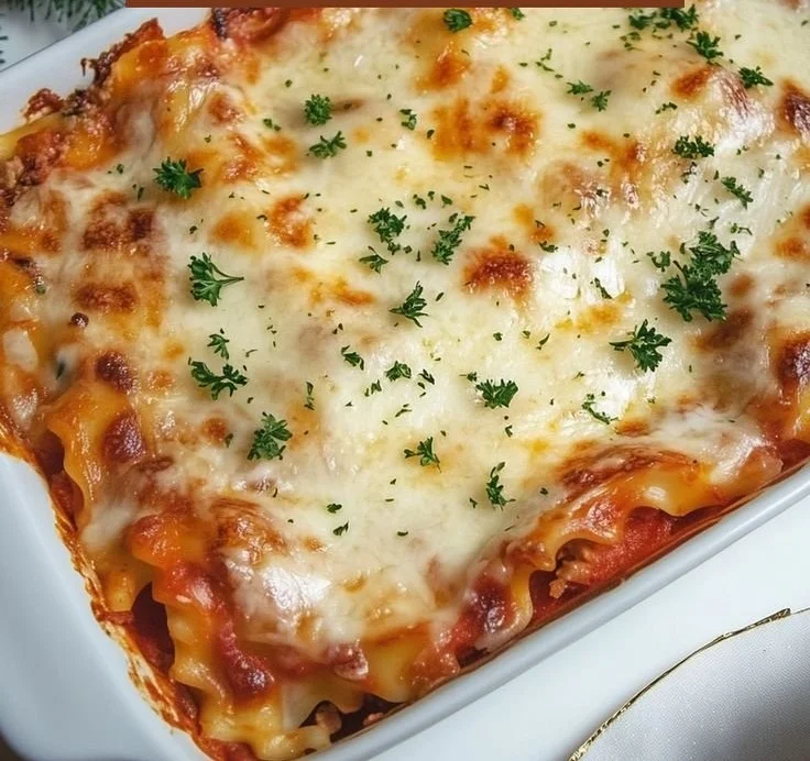 Delicious Holiday Christmas Lasagna topped with cheese and herbs