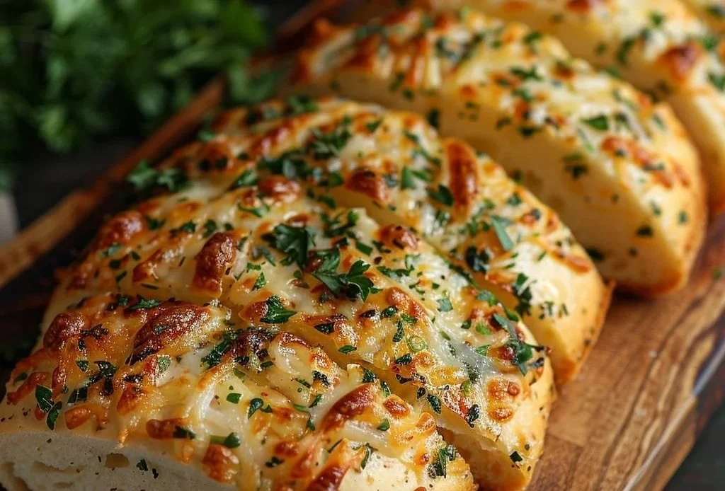 Loaf of Italian herbs and cheese bread garnished with fresh herbs