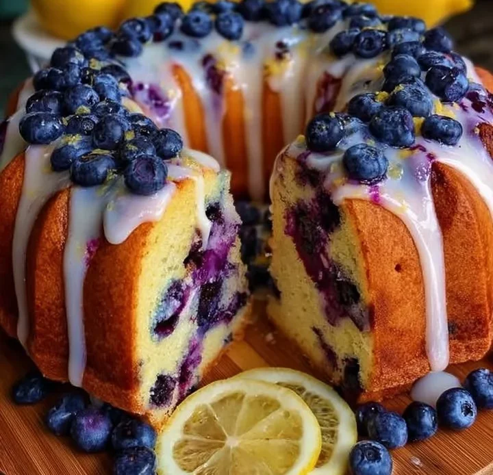 Slice of Lemon Blueberry Pound Cake with blueberries and lemon zest on a plate
