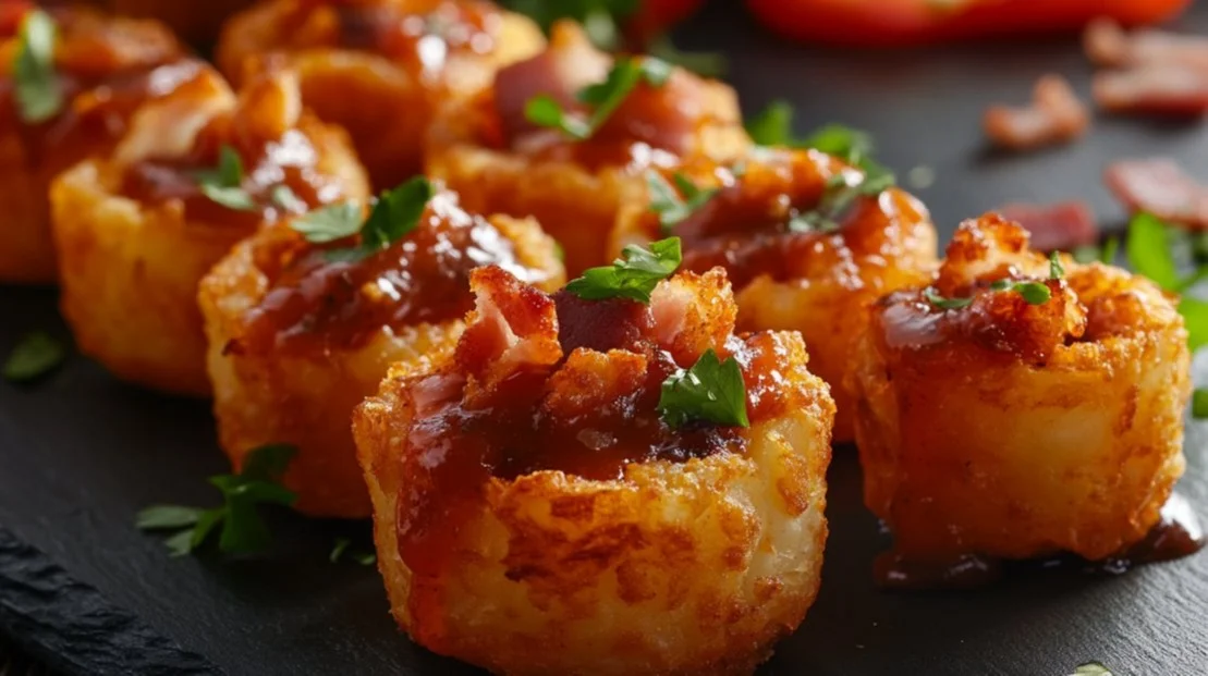 Plate of Loaded Brava's Tots topped with cheese, jalapenos, and sauce.