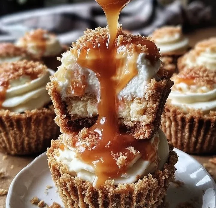 Delicious melted caramel rhubarb cream pie cups served in elegant dessert dishes