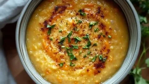 Bowl of creamy carrot lentil soup garnished with parsley.