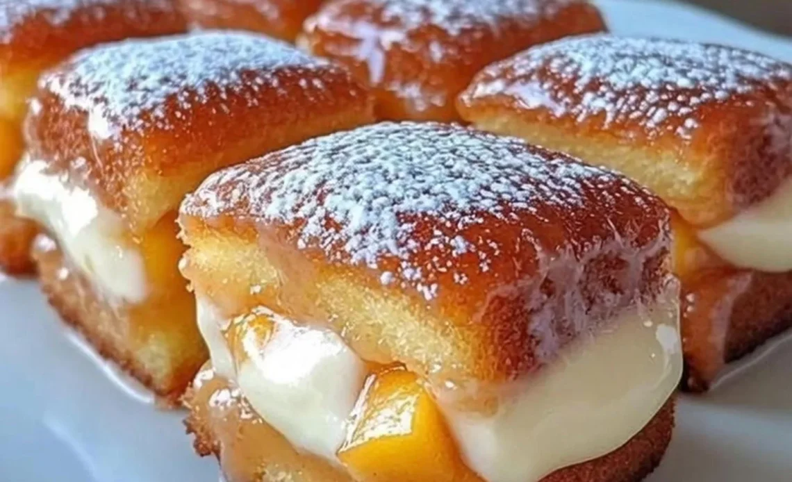 Slice of Peach Cobbler Pound Cake with fresh peaches on top