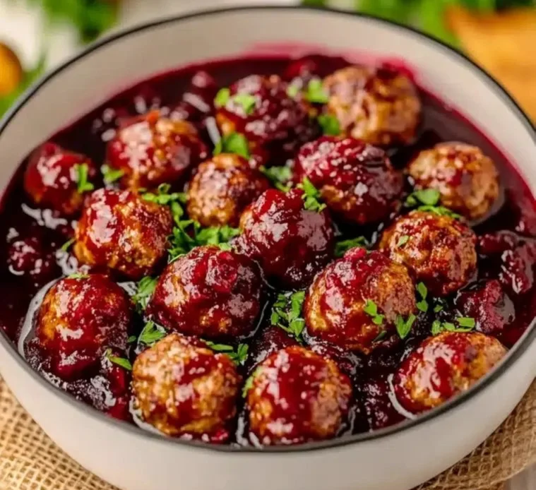 Plate of quick Christmas cranberry meatballs, a festive holiday appetizer.