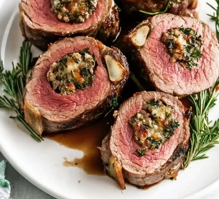 Delicious Christmas stuffed beef tenderloin ready to serve.