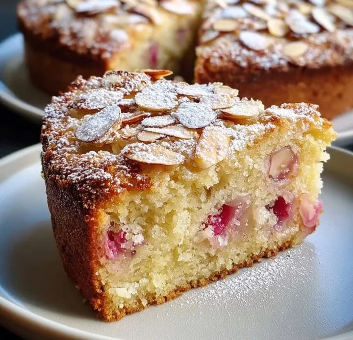 Rhubarb almond cake slice on a plate with a fork, showcasing its texture and flavor
