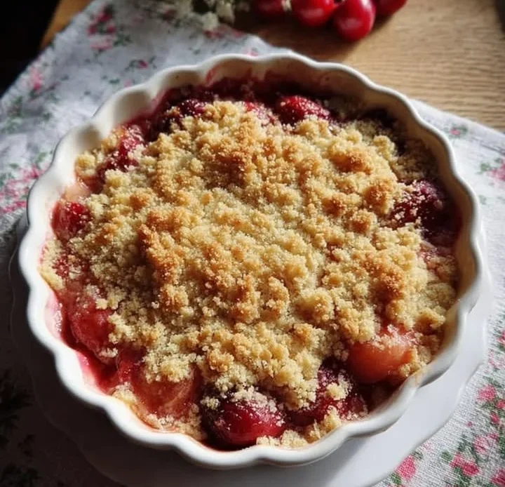 Delicious Rhubarb Cherry Crumble dessert with a golden crumble topping.