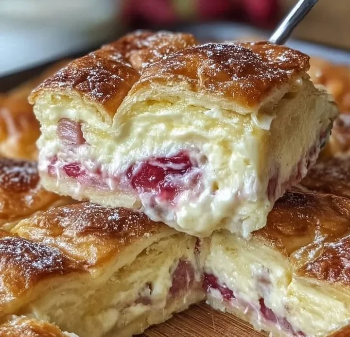 Rhubarb cream puff cheesecake squares on a plate, delicious dessert