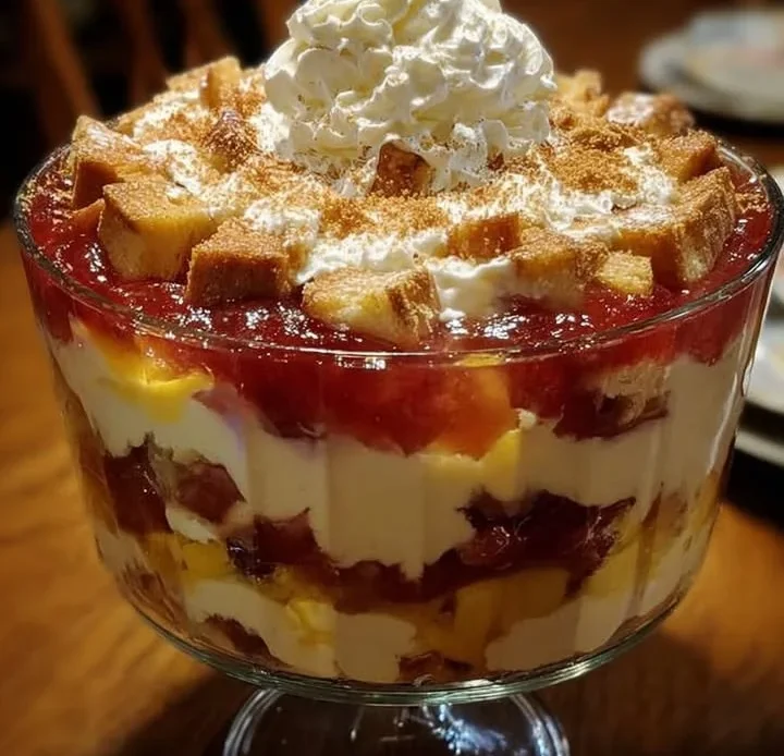 Rhubarb Custard Trifle layered with rhubarb, custard, and whipped cream
