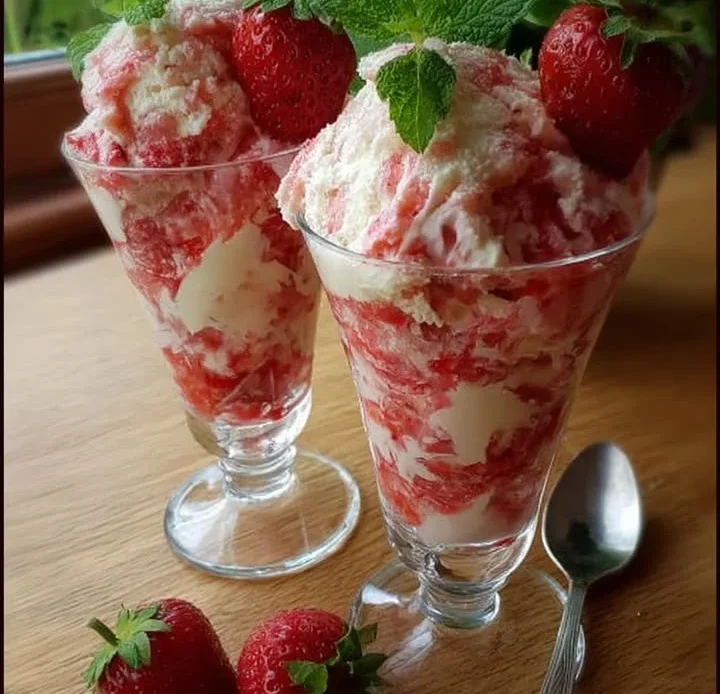 Rhubarb and strawberry cloud fool dessert in a glass with whipped cream