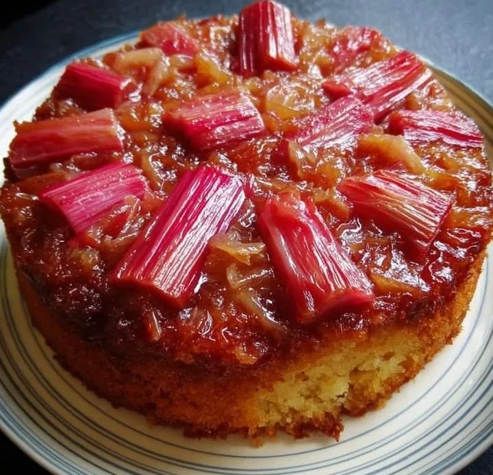 Slice of rhubarb upside-down cake on a plate with a fork